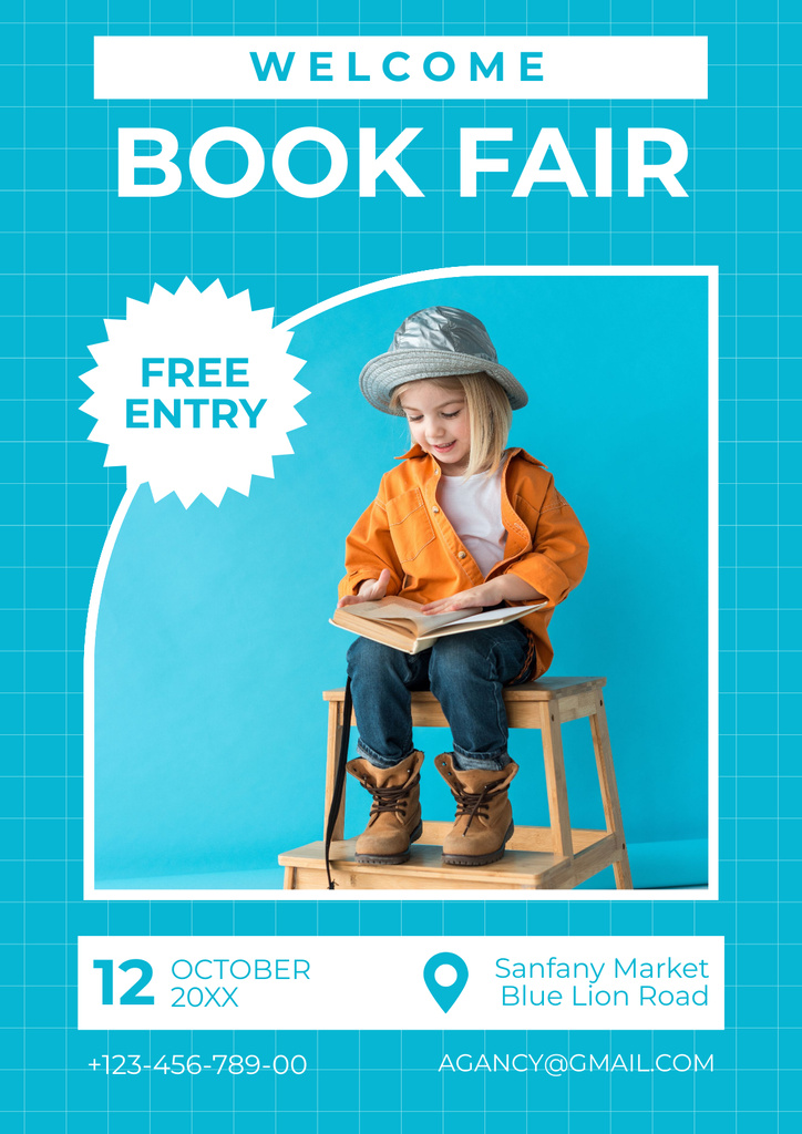Modèle de visuel Book Fair Ad with Cute Little Girl reading - Poster