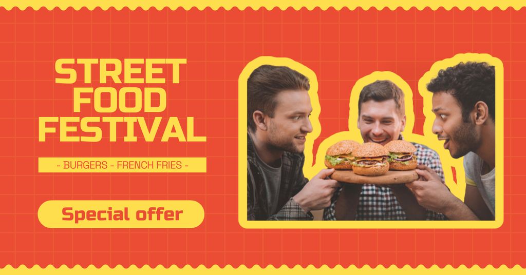 Ontwerpsjabloon van Facebook AD van People eating Burgers on Street Food Festival