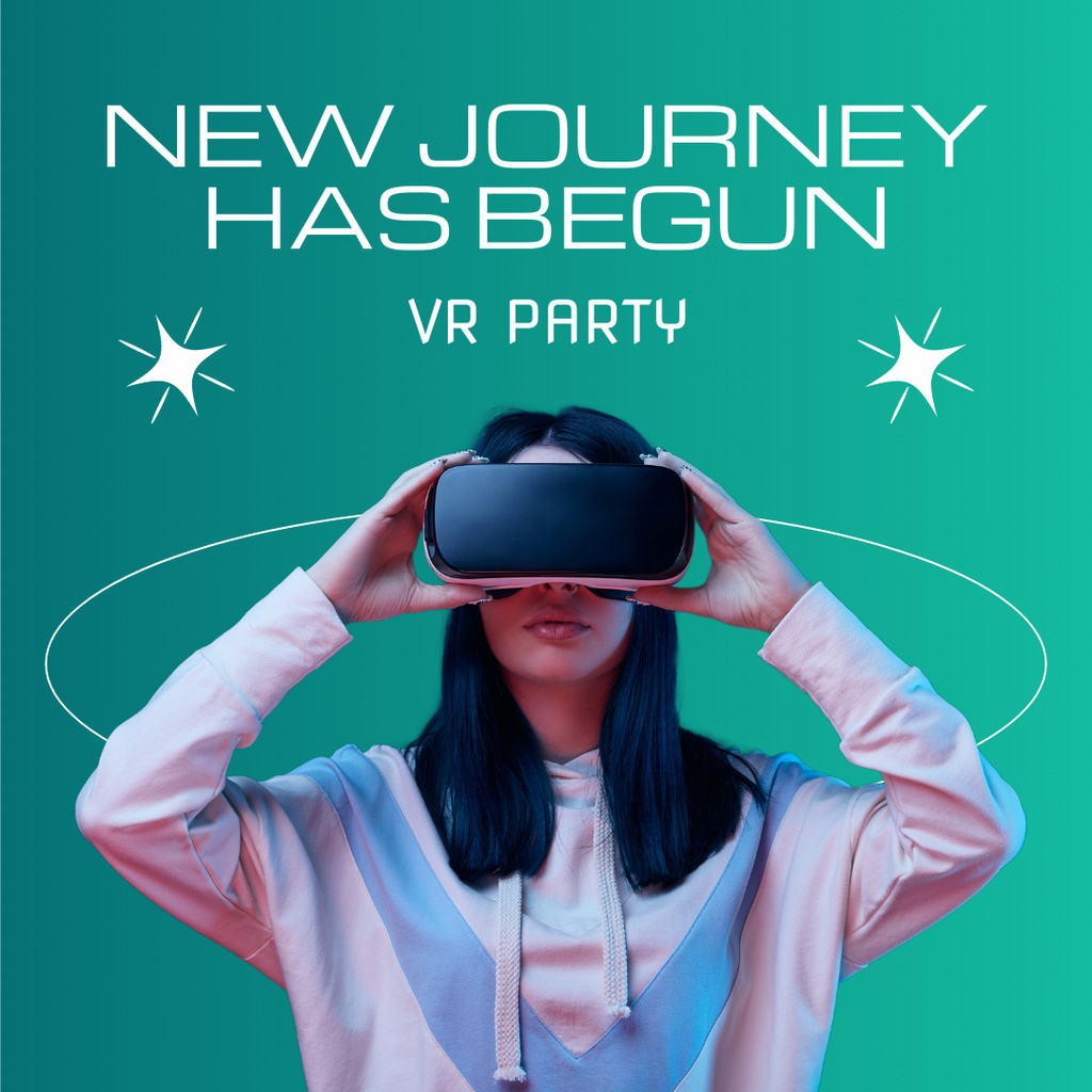 VR Party Ad with Woman in Glasses Instagram Modelo de Design
