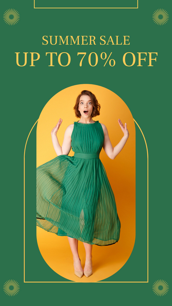 Summer Sale Announcement with Woman in Green Dress Instagram Story Tasarım Şablonu