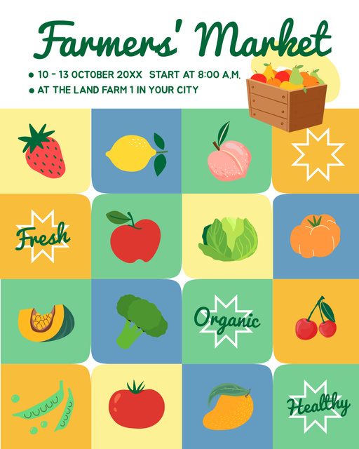 Farmer's Market Announcement with Bright Vegetables and Fruits Instagram Post Vertical Šablona návrhu