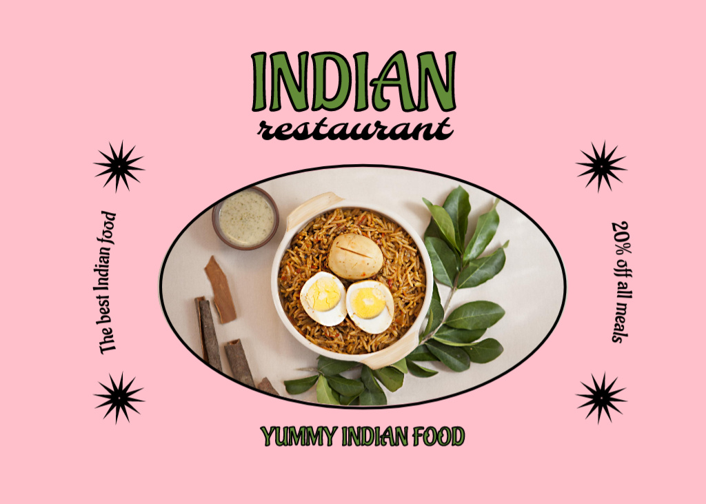 Plantilla de diseño de Indian Restaurant Ad with Delicious Dish in Pink Flyer 5x7in Horizontal 
