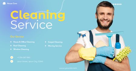Cleaning Service Ad with Man in Uniform Facebook AD Modelo de Design