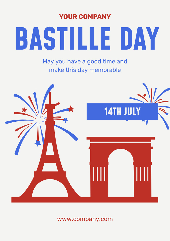 Happy Bastille Day with Eiffel Tower and Fireworks Poster A3 Modelo de Design