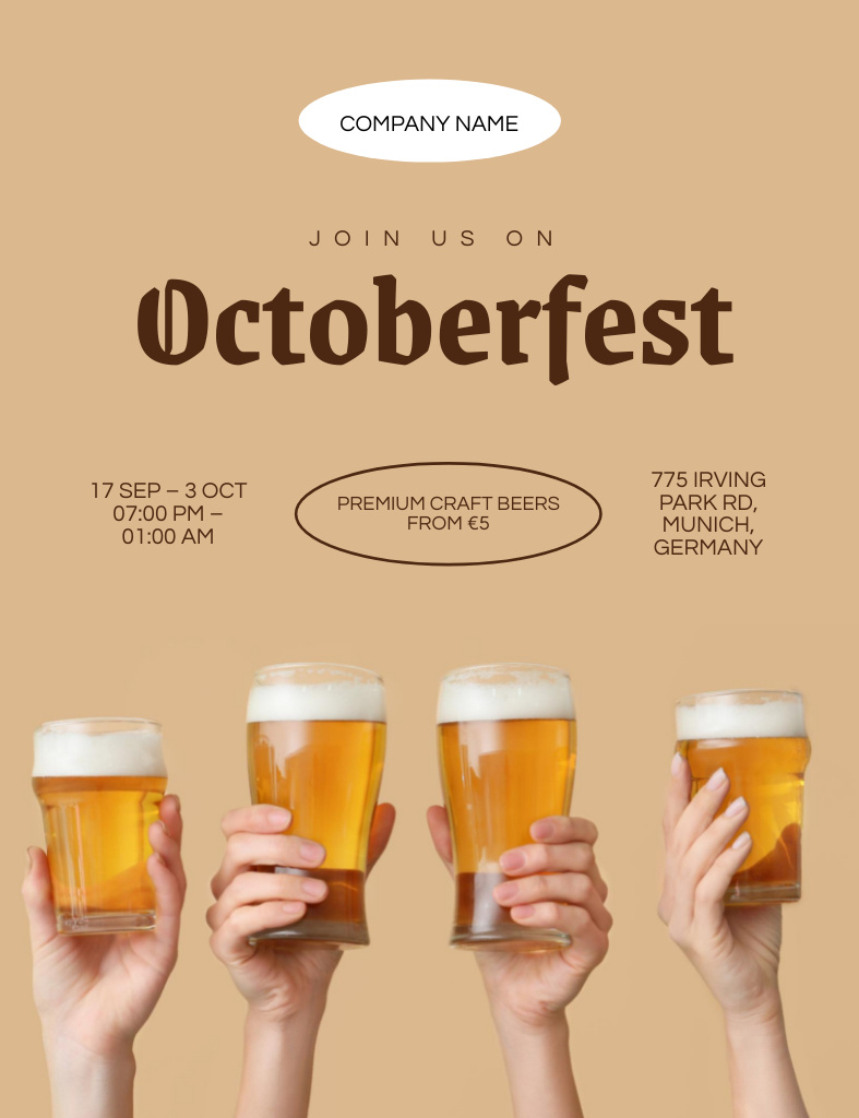 Oktoberfest Celebration Announcement with Mugs on Beige Invitation 13.9x10.7cm – шаблон для дизайна