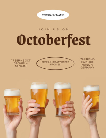 Oktoberfest Celebration Announcement with Mugs on Beige Invitation 13.9x10.7cm Design Template