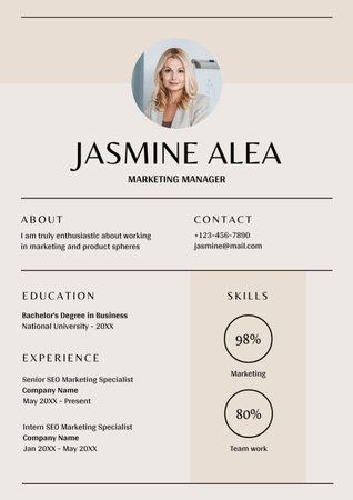 Skills and Experience of Marketing Manager on Beige Resume tervezősablon