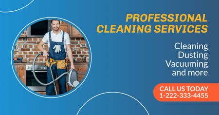 Cleaning Service Ad with Man in Uniform Facebook AD Tasarım Şablonu