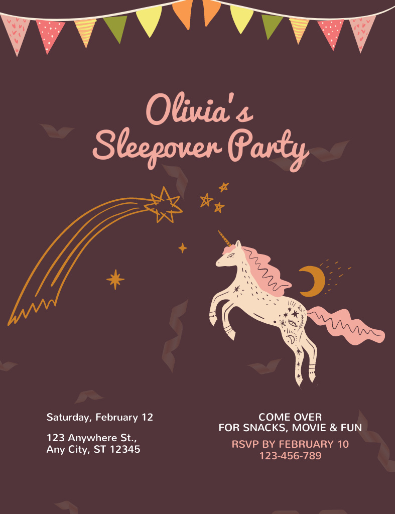 Announcement of Sleepover Party with Magic Unicorn Invitation 13.9x10.7cm Šablona návrhu