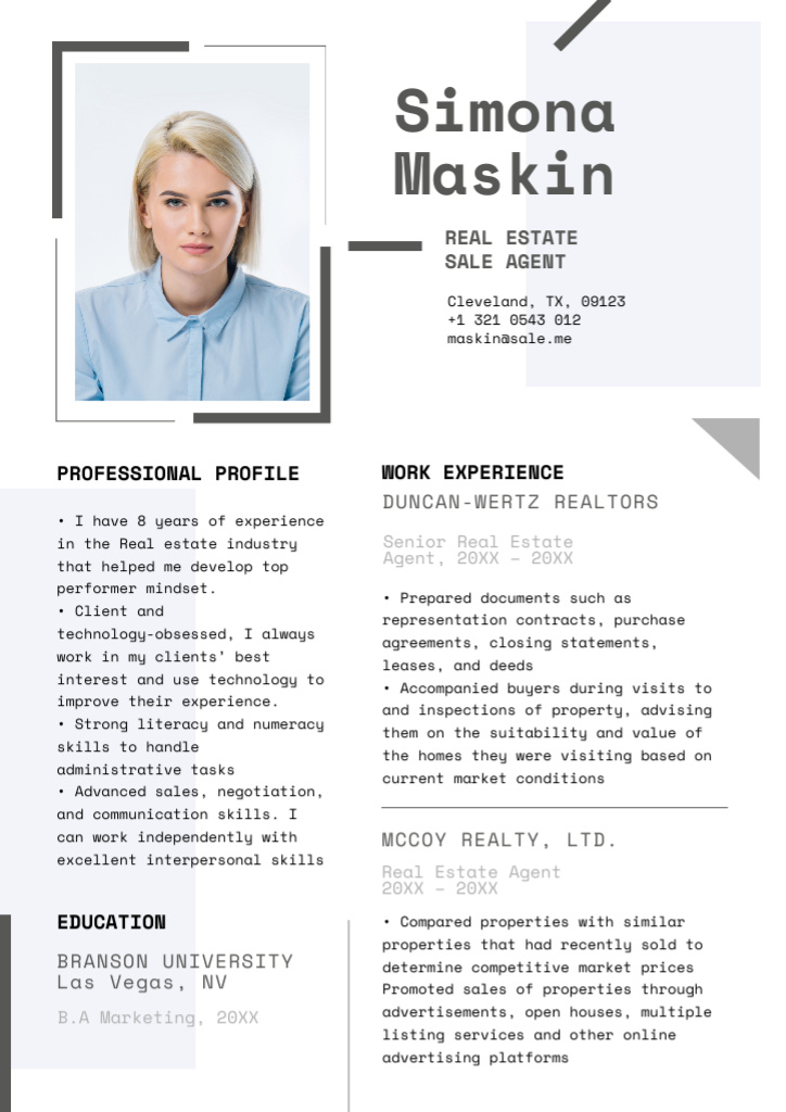 Commercial Estate Agent's Skills and Experience Resume Design Template