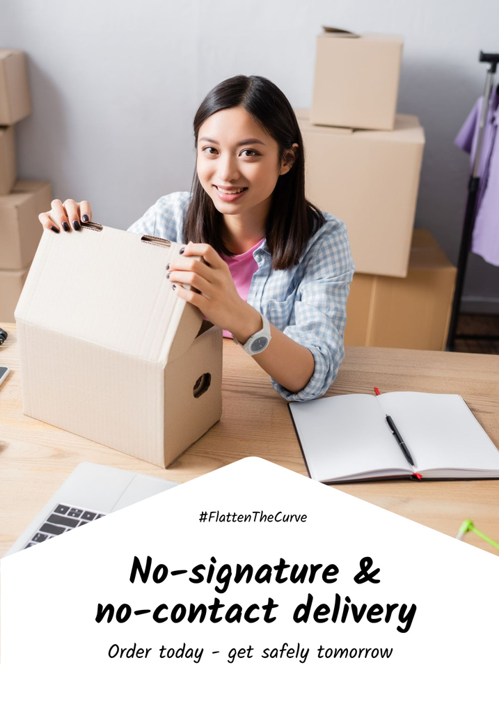 #FlattenTheCurve Delivery Services Offer with Woman with Boxes Poster 28x40in – шаблон для дизайну