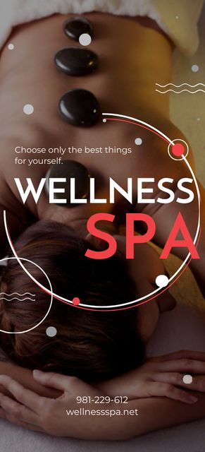 Wellness Spa Ad with Woman Relaxing at Stones Massage Flyer 3.75x8.25inデザインテンプレート