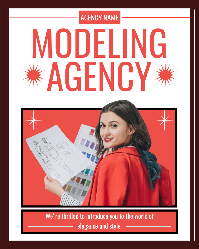 Template di design Woman in Red Offers Modeling Agency Services Instagram Post Vertical