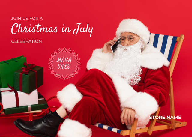 Ontwerpsjabloon van Flyer 5x7in Horizontal van Christmas Sale in July with Santa Claus holding Phone