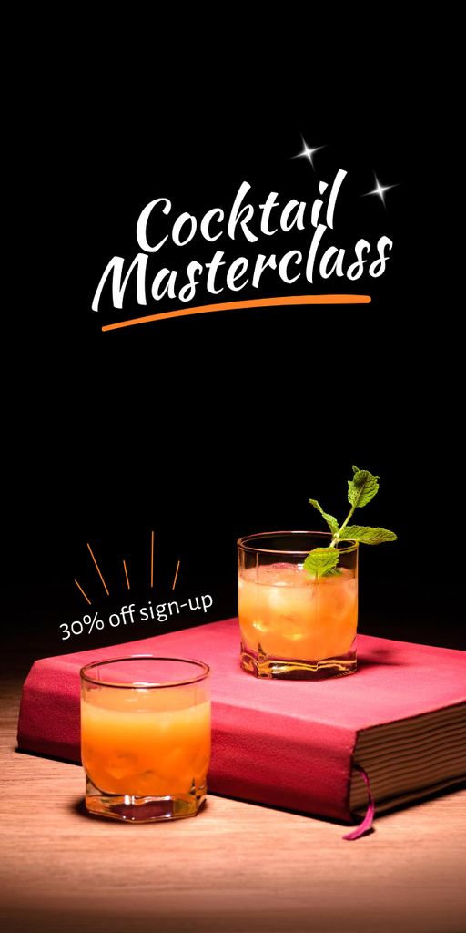 Announcement about Master Class of Cocktails with Glasses of Drinks and Book Graphic Design Template