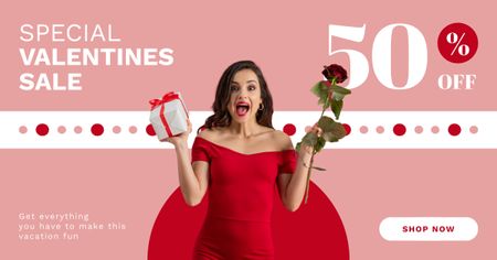 Valentine's Day Sale Announcement with Surprised Woman in Red Dress Facebook AD Design Template
