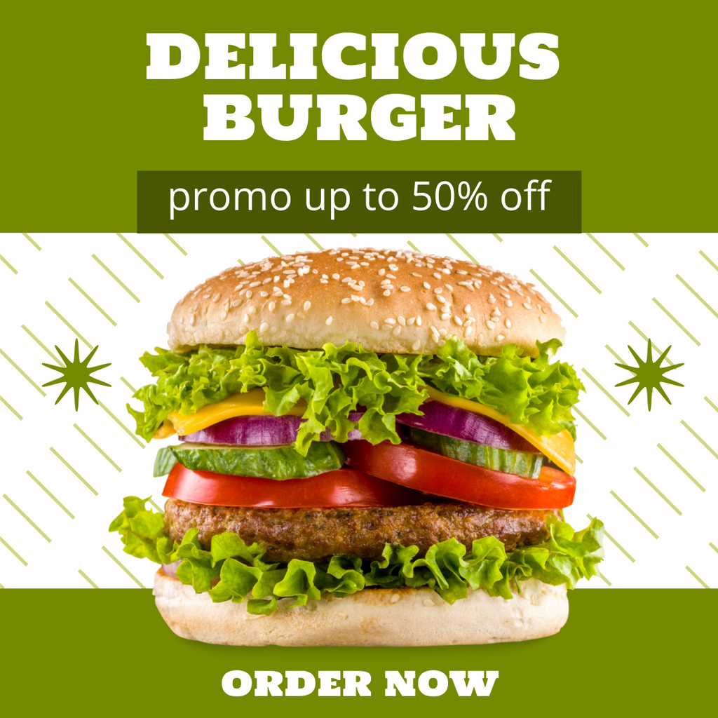 Tasty Burger Offer on Green Background Instagram Πρότυπο σχεδίασης