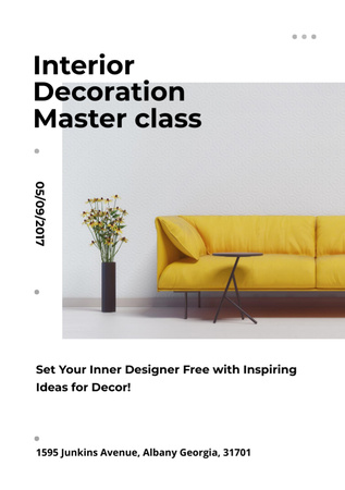 Platilla de diseño Interior Decoration Masterclass Ad with Yellow Couch with Lamp and Flowers Flyer A7