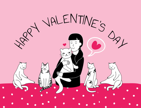 Happy Valentine's Day Greeting with Woman and Cute Cats Thank You Card 5.5x4in Horizontal Design Template