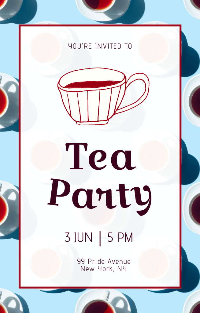 Exciting Tea Party Announcement With Cup Pattern Invitation 4.6x7.2in Design Template