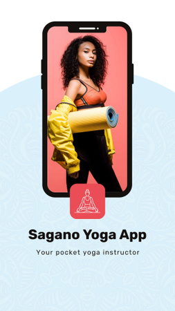 Yoga App Ad with athlete woman on phone screen Instagram Video Storyデザインテンプレート