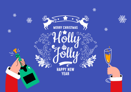 Illustrated Christmas Greetings with Champagne In Blue Flyer A5 Horizontal Πρότυπο σχεδίασης