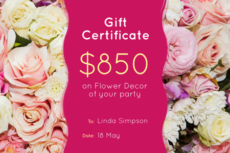Flower Decor with Part Pink Roses Gift Certificate Design Template