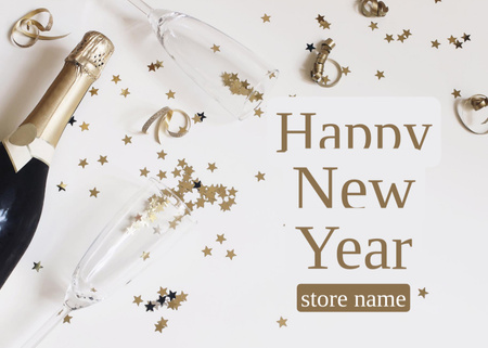 Ontwerpsjabloon van Postcard 5x7in van Bright New Year Holiday Greeting with Champagne Bottle