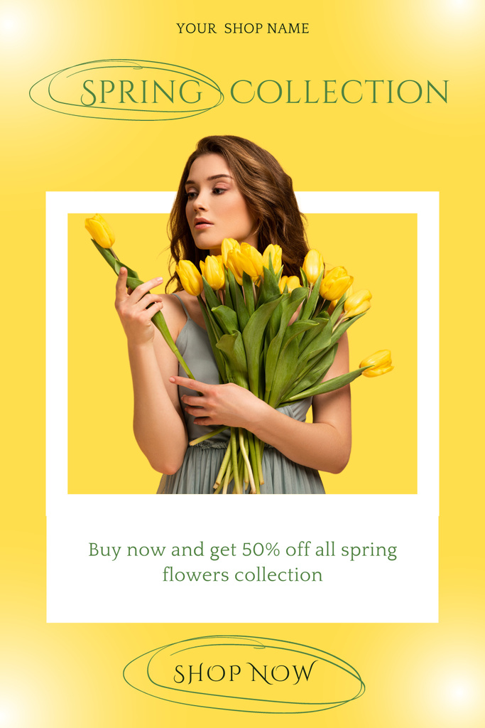 Szablon projektu Spring Sale Offer with Woman with Tulip Bouquet in Frame Pinterest