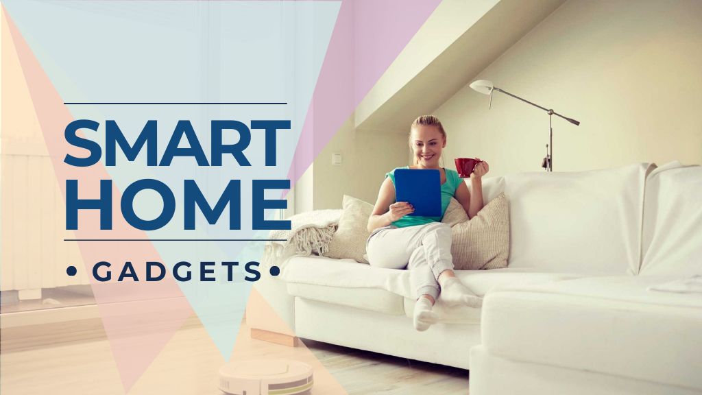 Modèle de visuel Smart Home ad with Woman using Vacuum Cleaner - Title