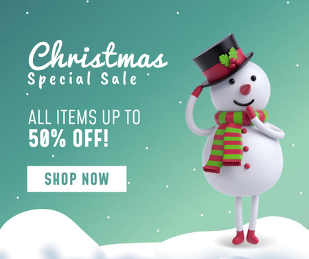 Christmas Sale Announcement with Cheerful Snowman Facebook Design Template