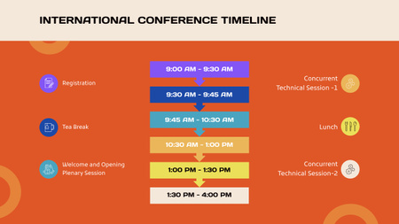 Plantilla de diseño de Calendario de conferencias internacionales naranja Timeline 