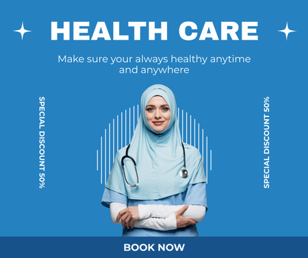 Egészségügyi szolgáltatások profi női orvossal Facebook tervezősablon