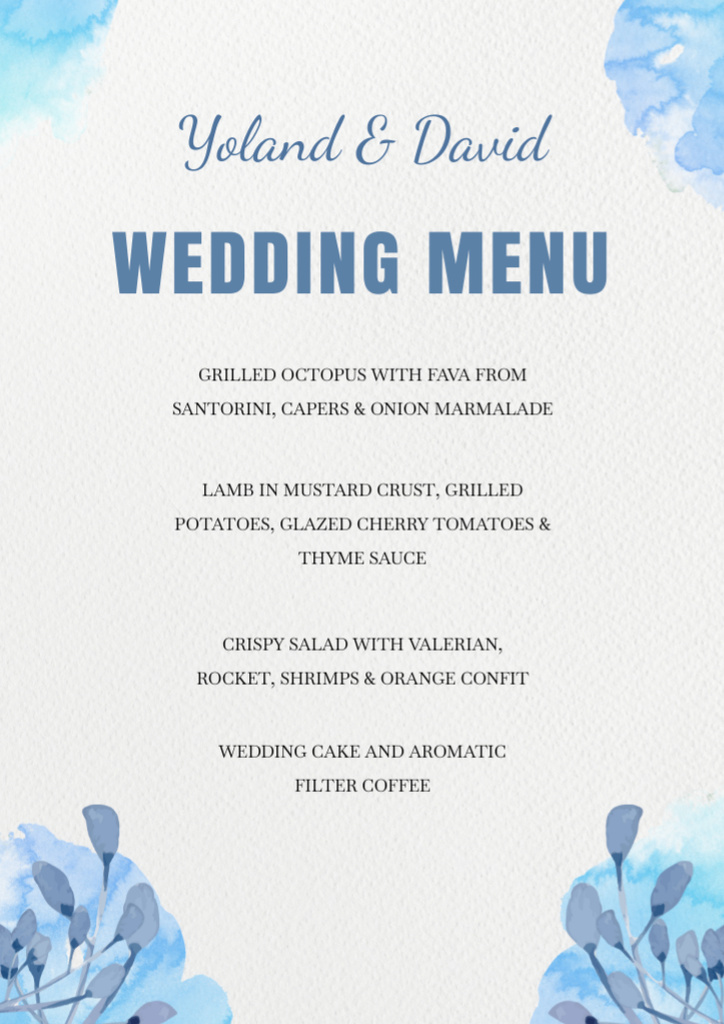 Ontwerpsjabloon van Menu van Wedding Food List with Blue Watercolor Floral Elements