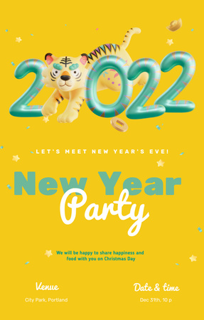 New Year Party Announcement with Tiger Invitation 4.6x7.2in Design Template