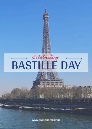 French National Day Celebration Announcement with View of Paris Postcard A6 Vertical Modelo de Design