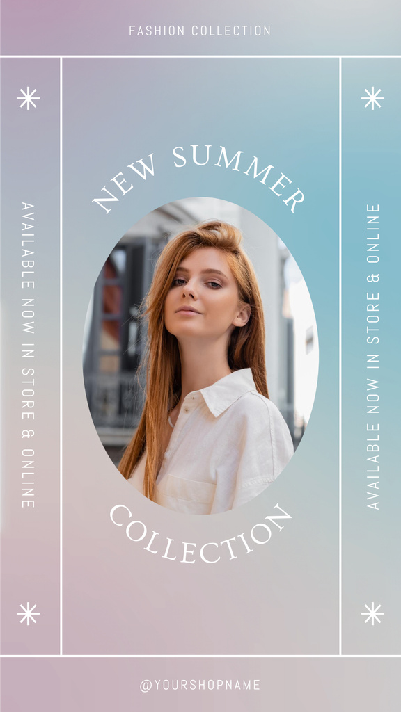 Plantilla de diseño de New Summer Collection Ad with Woman Posing in City Instagram Story 
