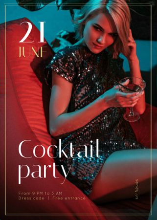 Woman in Shiny Dress at Cocktail Party Flayer Design Template