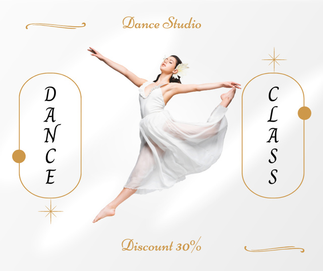 Dance Studio Ad with Ballerina in White Dress Facebook Design Template