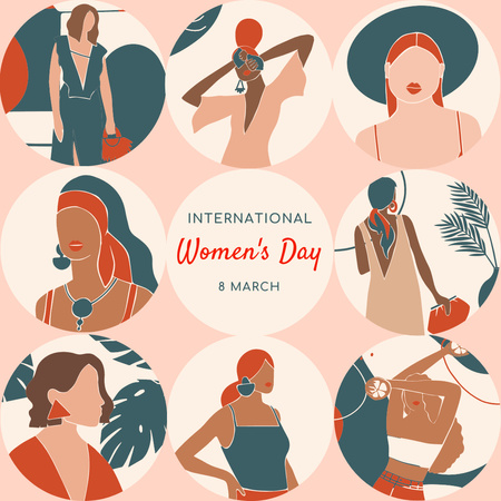 Designvorlage Gruß zum Frauentag mit Illustration stilvoller Frauen für Instagram