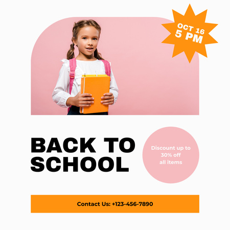 School Sale Announcement with Girl with Orange Book Instagram Design Template
