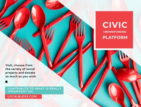 Designvorlage Crowdfunding-Plattform mit rotem Plastikgeschirr für Postcard 4.2x5.5in