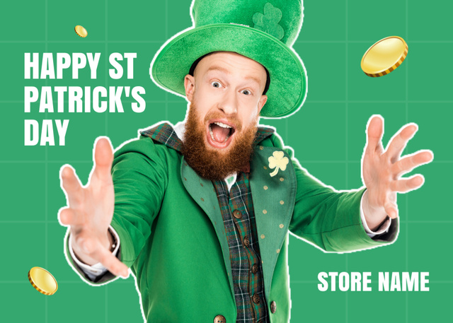 Happy St. Patrick's Day Greeting with Red Bearded Man in Green Postcard 5x7inデザインテンプレート