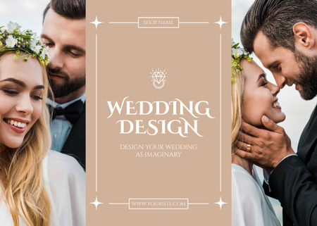 Esküvői ügynökség hirdetése jóképű vőlegénnyel és gyönyörű menyasszonnyal Postcard 5x7in tervezősablon