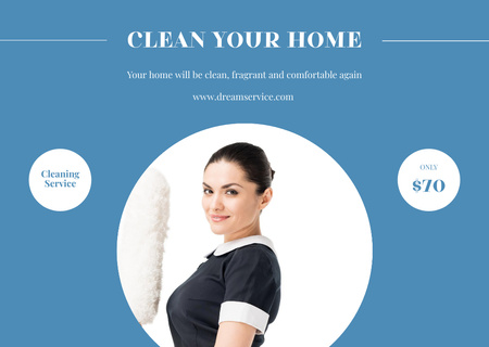 Modèle de visuel Offre de service de nettoyage avec femme de ménage avec brosse à poussière - Flyer A6 Horizontal