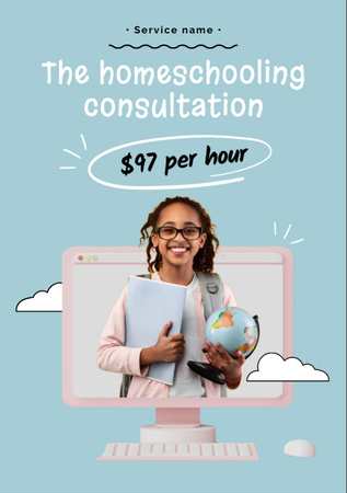 Designvorlage Homeschooling Consultation Ad with Pupil holding Globe für Flyer A7