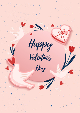 Designvorlage Valentine's Day With Doves And Flowers Celebration für Postcard A5 Vertical