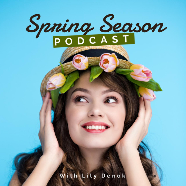 Spring Podcast Announcement with Woman in Flower Hat Instagramデザインテンプレート
