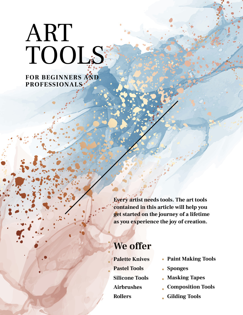 High Quality Art Tools Sale Offer with Watercolor Stains Poster 8.5x11in Design Template