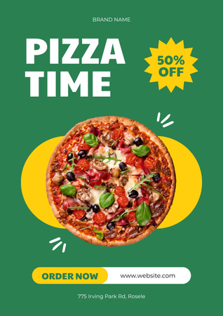Round Pizza Discount Announcement on Green Poster Design Template